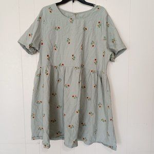 Cottagecore Peasant Floral Dress Plus 4XL Green Smock Short Sleeve Sunflower EUC